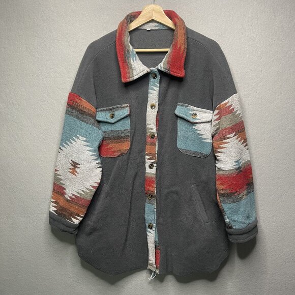 Unknown Other - Southwestern Style Gray Button-Up Fleece Jacket Gray Multicolor XL